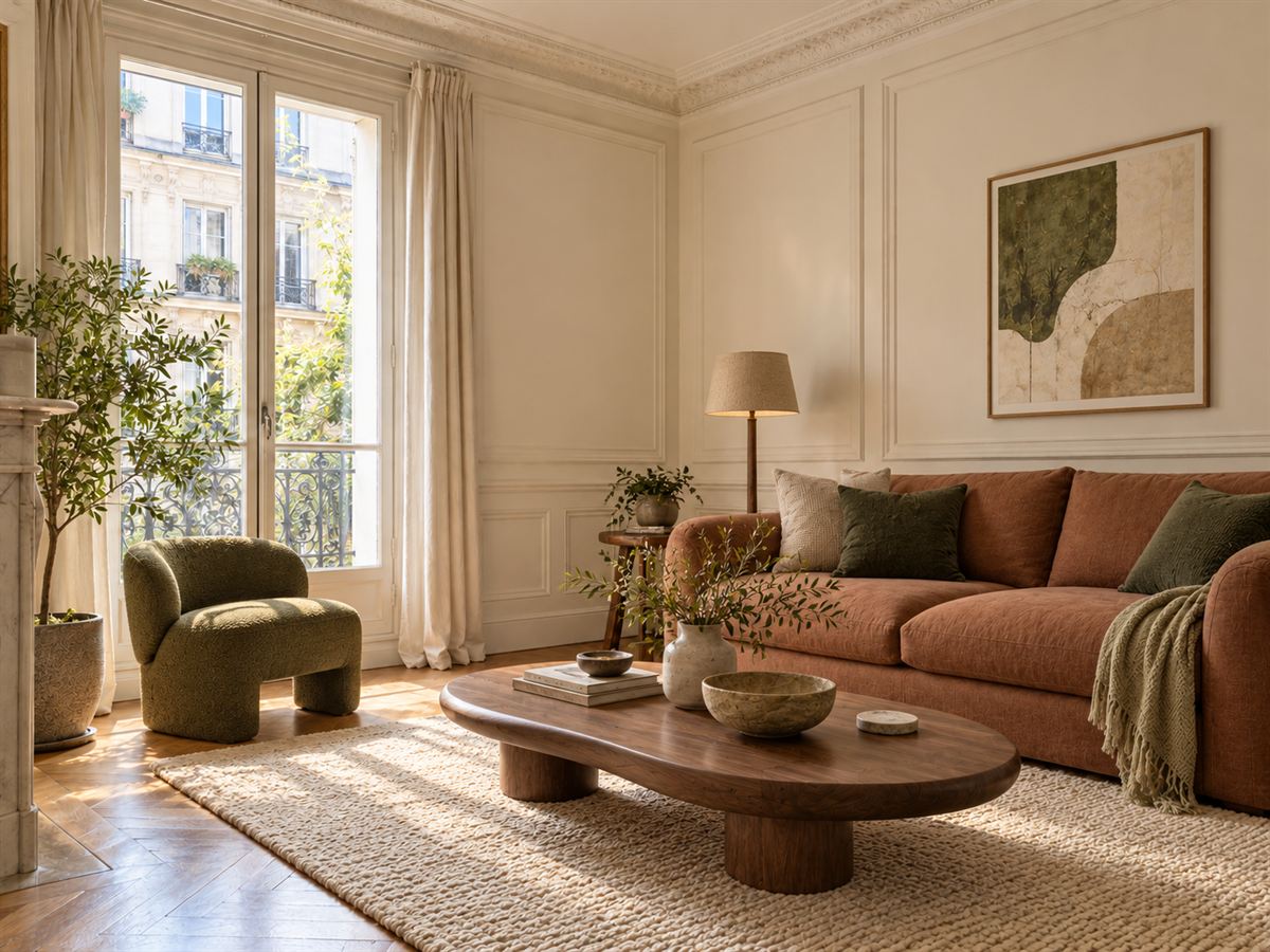The same living room restyled with warm light, a terracotta sofa and an olive armchair